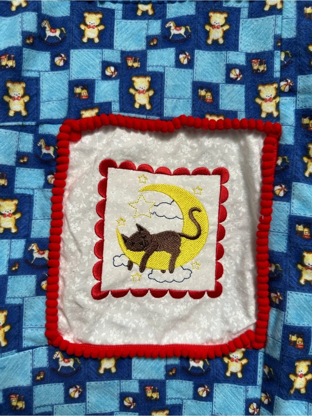 HANDMADE BABY BOY QUILT BLANKET EMBROIDERED STORYBOOK ANIMAL PATCHWORK FLANNEL